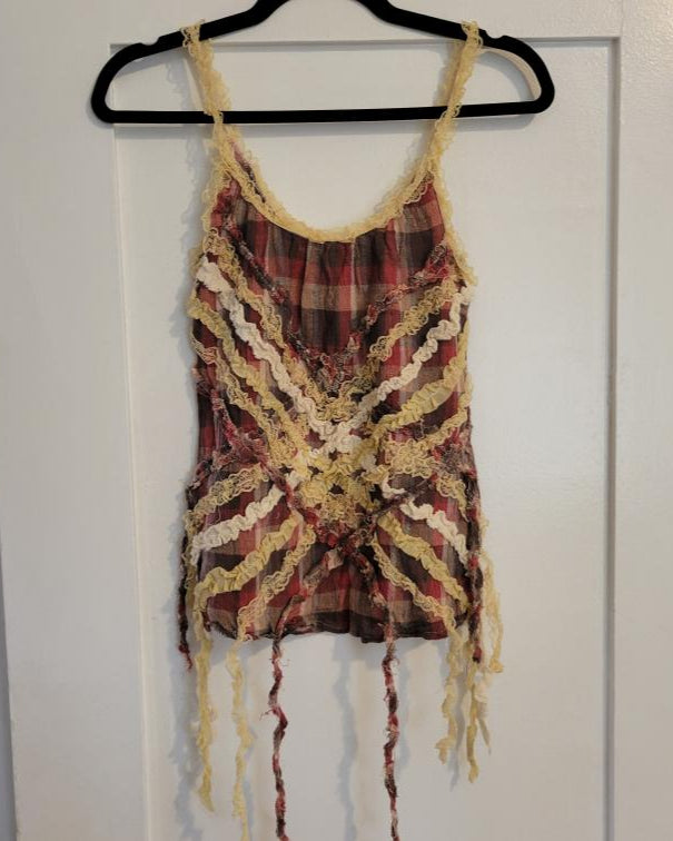 VINTAGE 2000's SHIPWRECKED PLAID & LACE TANK TOP