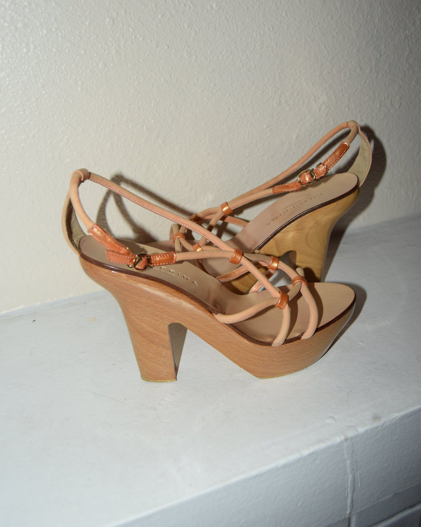 ANTEPRIMA ROSE GOLD LEATHER & WOOD BLOCK PLATFORMS