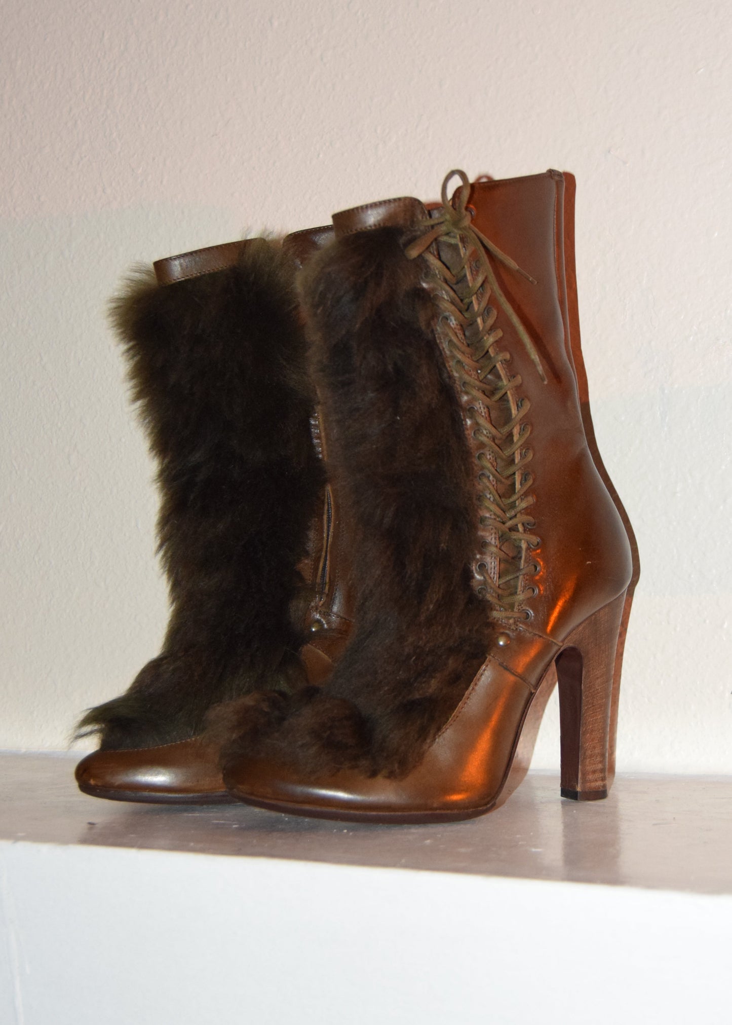 Vintage Diesel Rabbit Fur Leather Lace Up Boots