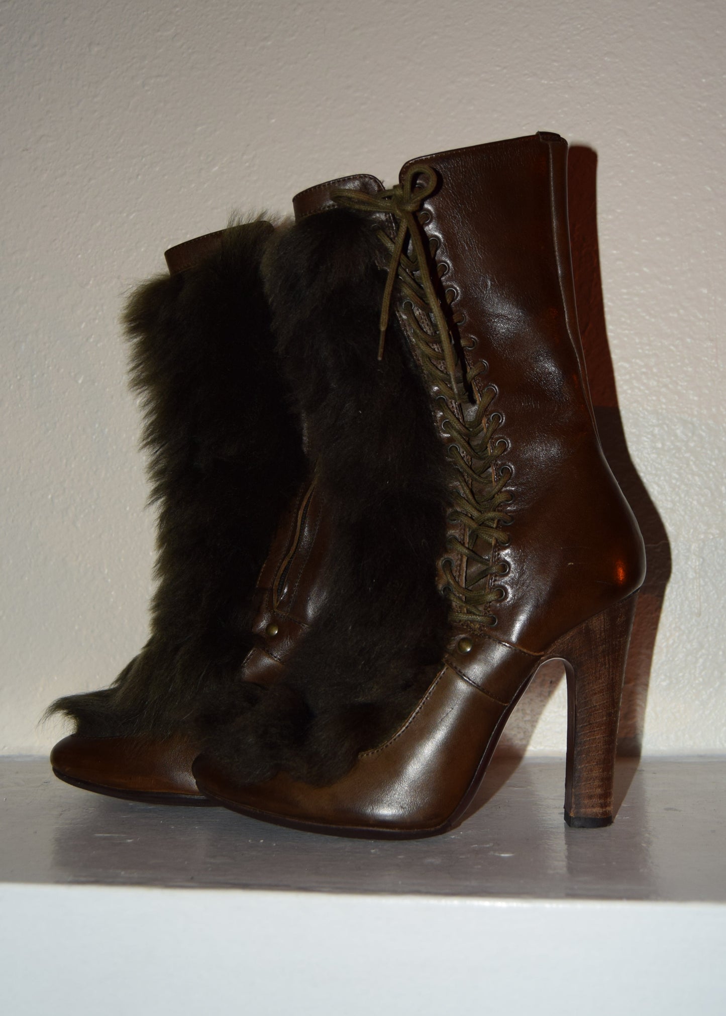 Vintage Diesel Rabbit Fur Leather Lace Up Boots