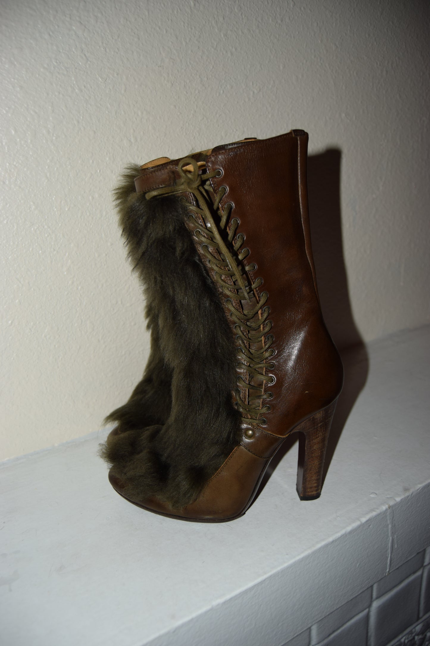 Vintage Diesel Rabbit Fur Leather Lace Up Boots