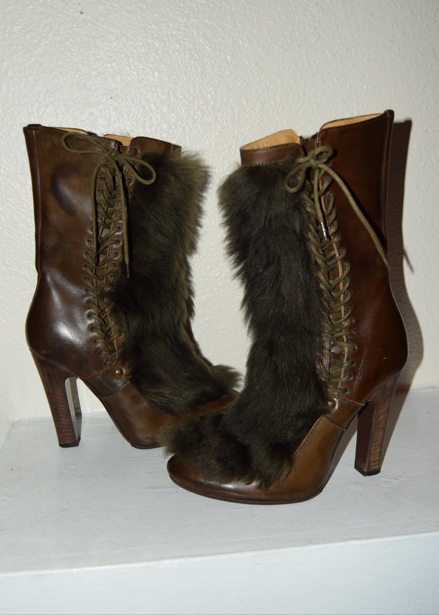 Vintage Diesel Rabbit Fur Leather Lace Up Boots