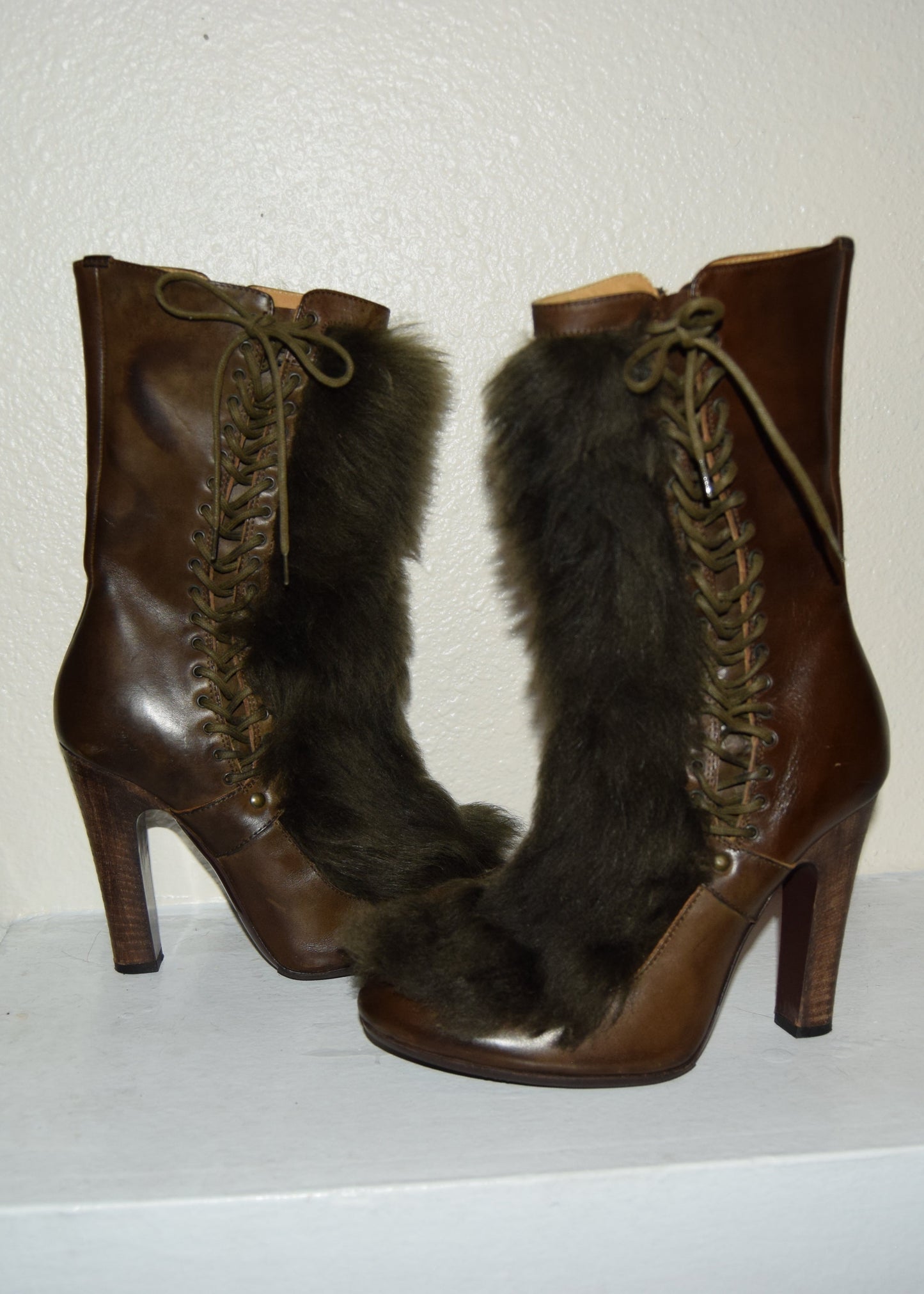 Vintage Diesel Rabbit Fur Leather Lace Up Boots