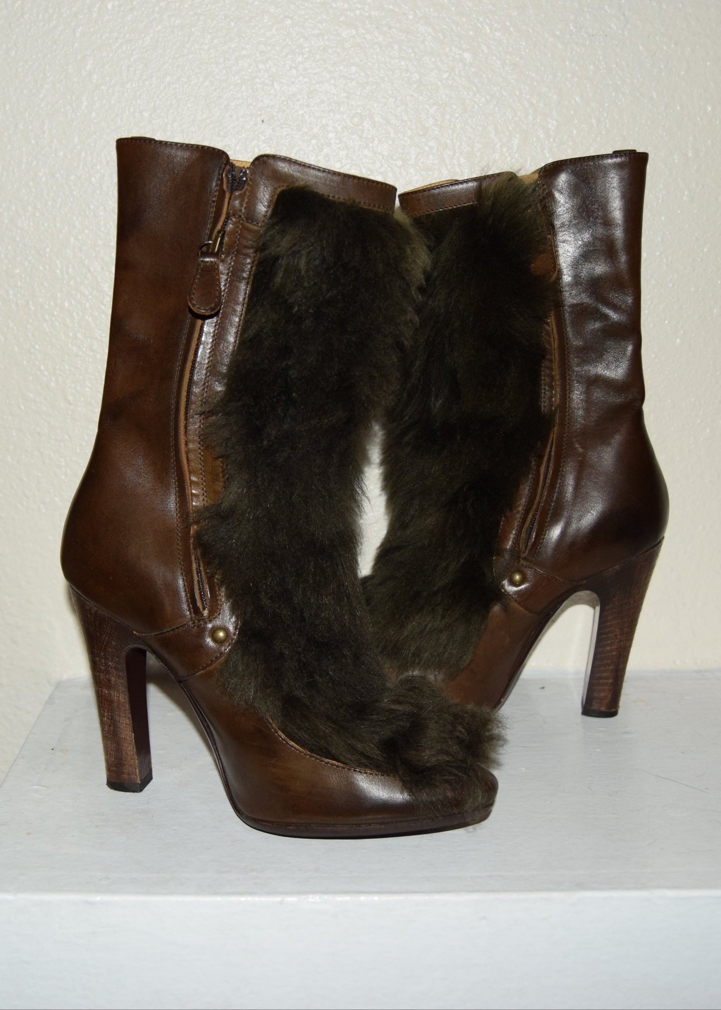 Vintage Diesel Rabbit Fur Leather Lace Up Boots