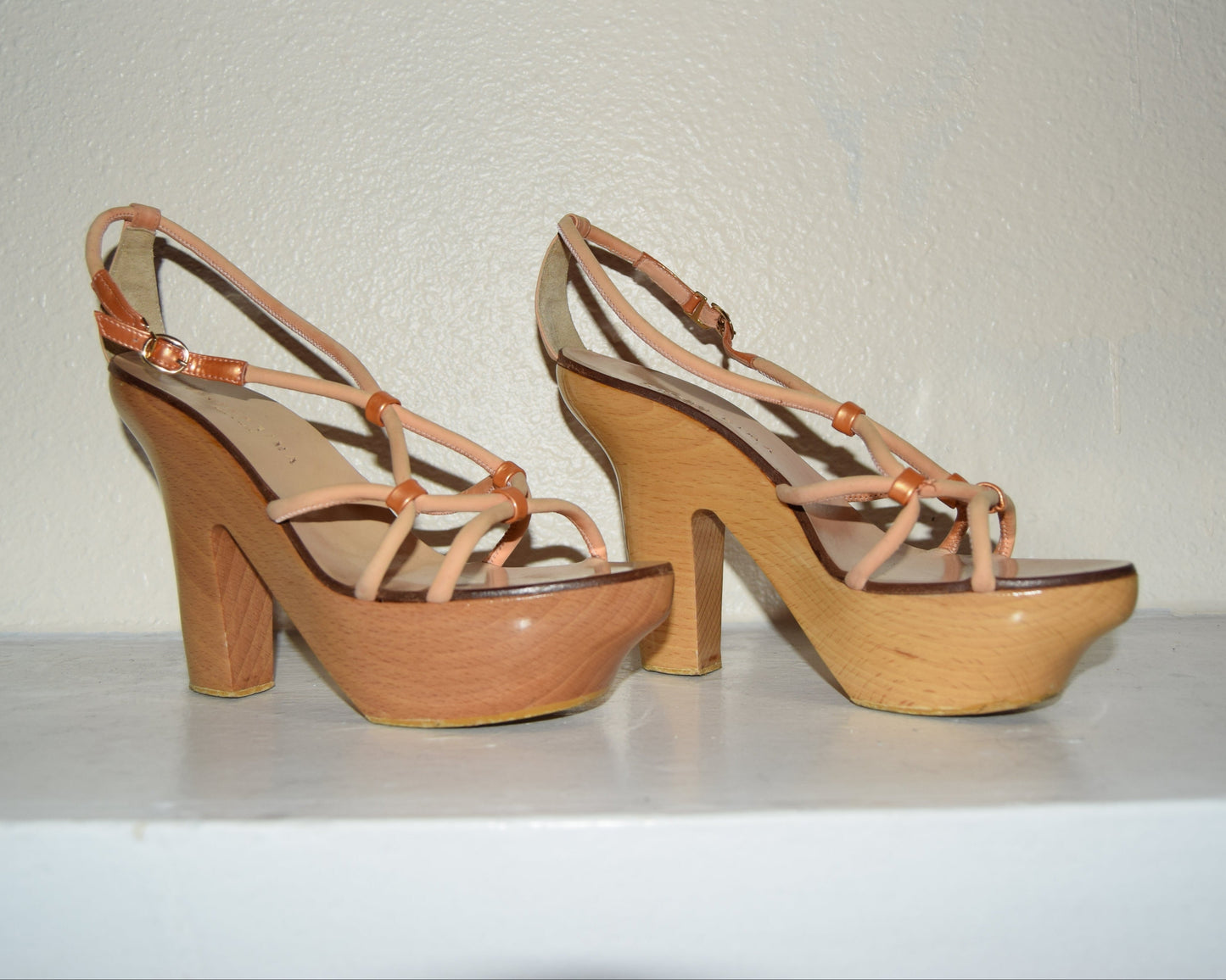 ANTEPRIMA ROSE GOLD LEATHER & WOOD BLOCK PLATFORMS