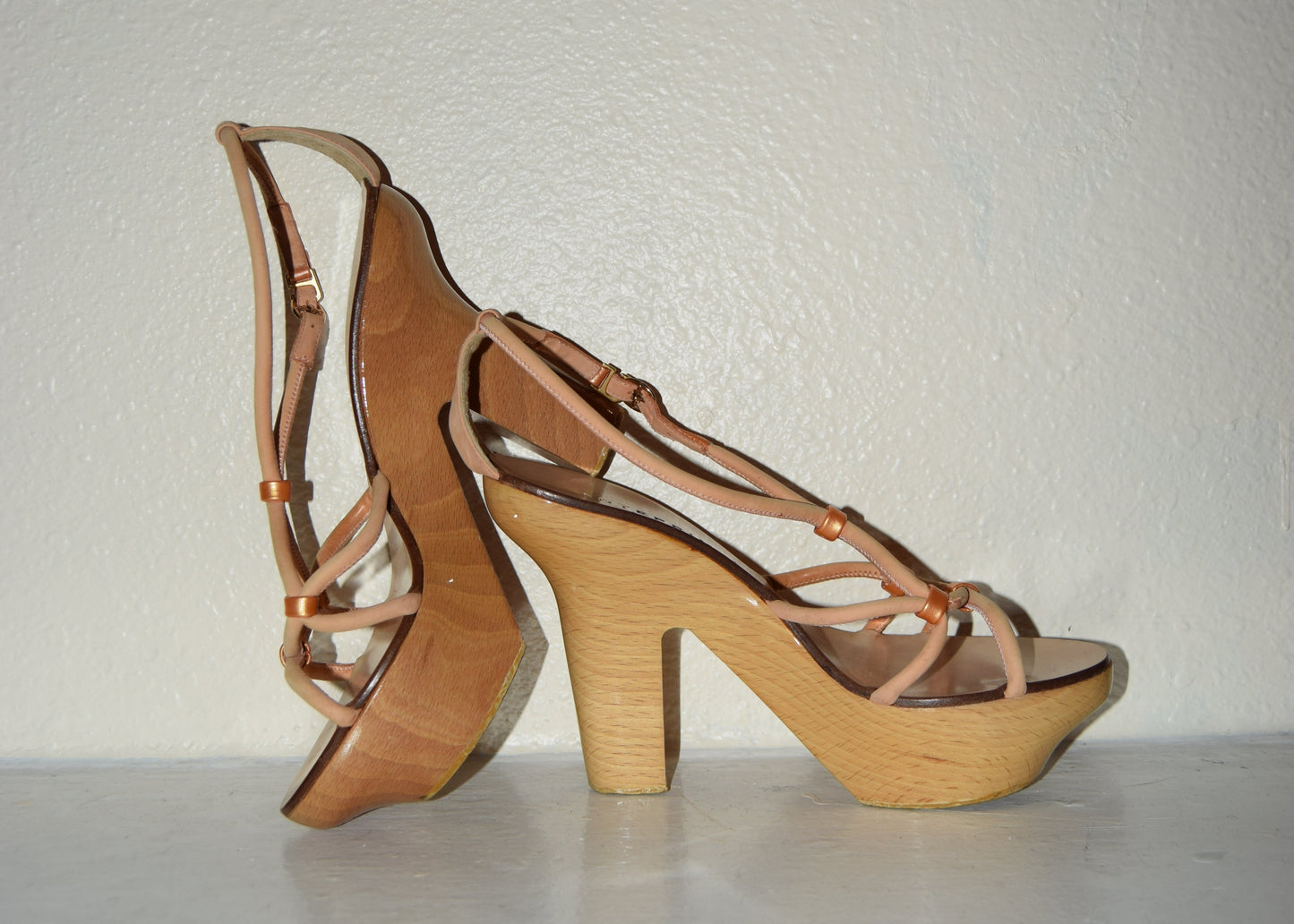 ANTEPRIMA ROSE GOLD LEATHER & WOOD BLOCK PLATFORMS