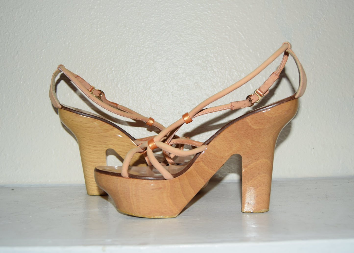 ANTEPRIMA ROSE GOLD LEATHER & WOOD BLOCK PLATFORMS