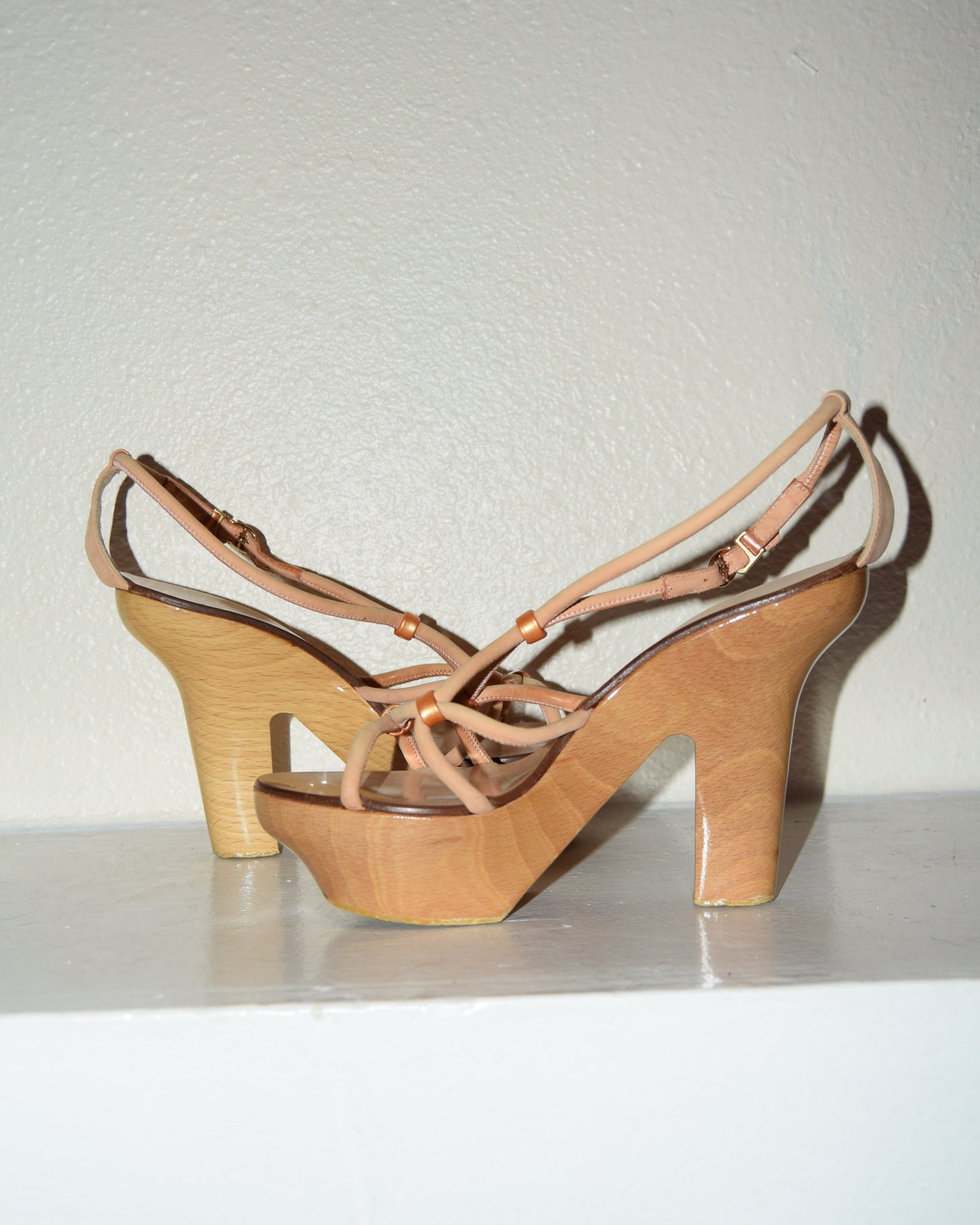 ANTEPRIMA ROSE GOLD LEATHER & WOOD BLOCK PLATFORMS