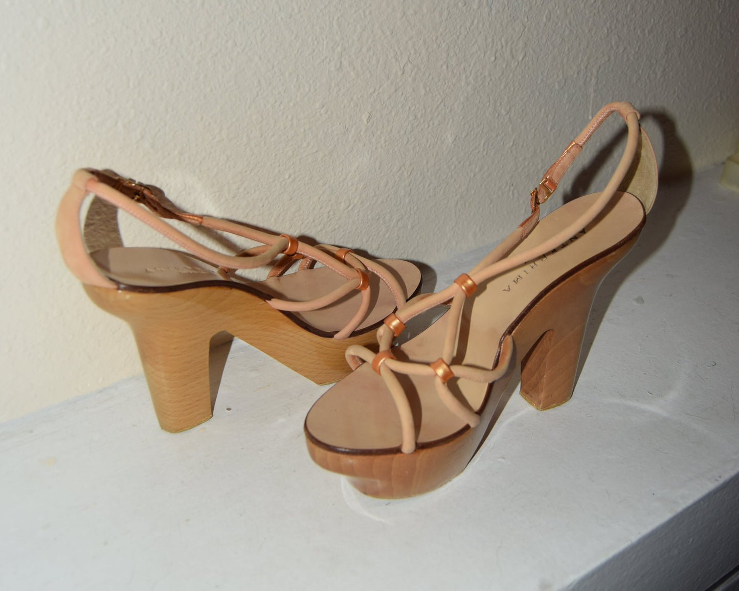 ANTEPRIMA ROSE GOLD LEATHER & WOOD BLOCK PLATFORMS