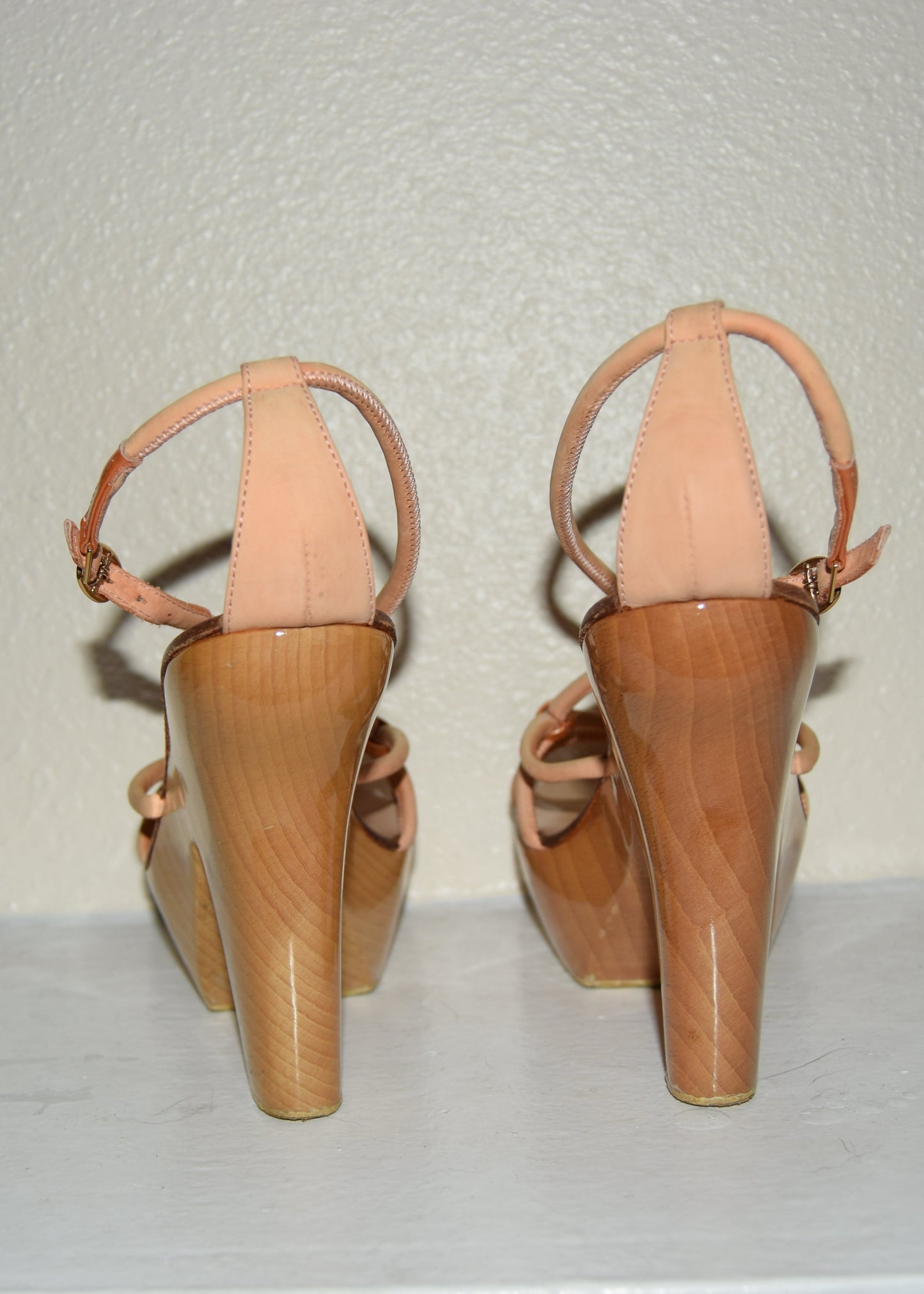 ANTEPRIMA ROSE GOLD LEATHER & WOOD BLOCK PLATFORMS
