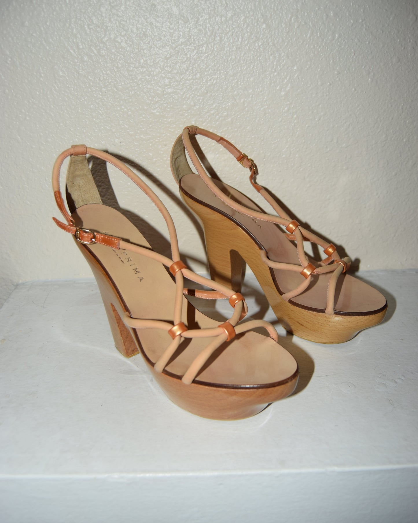 ANTEPRIMA ROSE GOLD LEATHER & WOOD BLOCK PLATFORMS