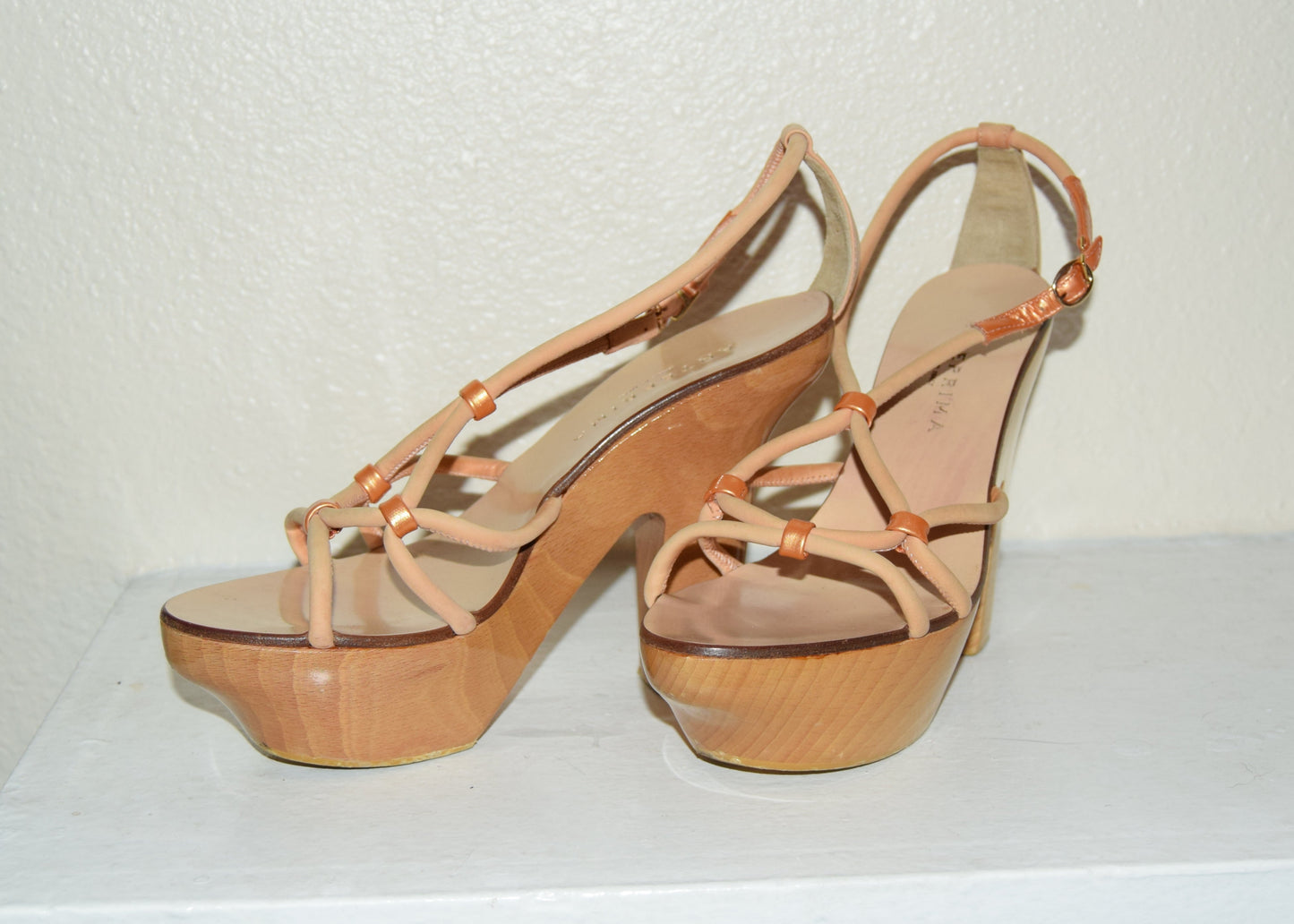 ANTEPRIMA ROSE GOLD LEATHER & WOOD BLOCK PLATFORMS