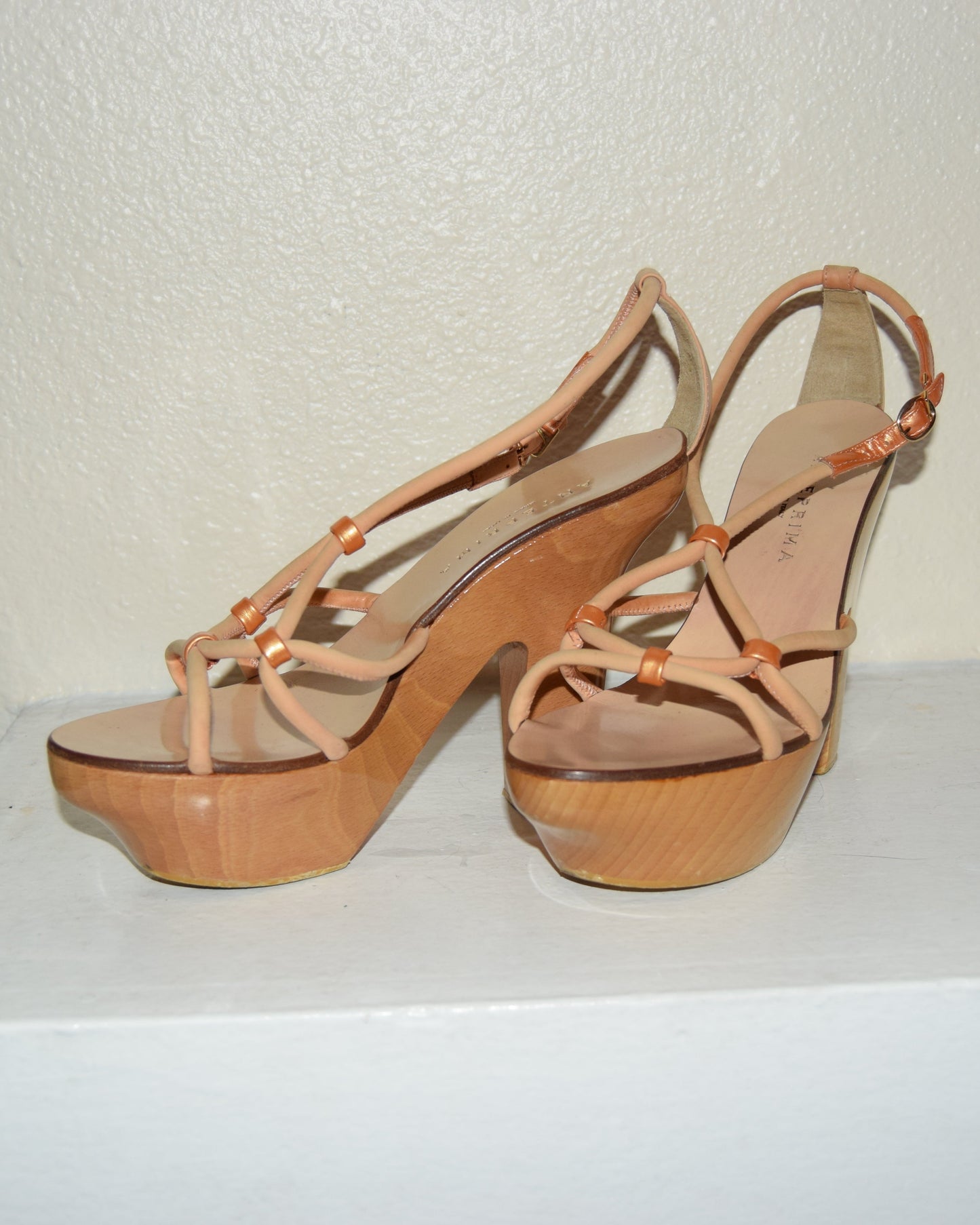 ANTEPRIMA ROSE GOLD LEATHER & WOOD BLOCK PLATFORMS