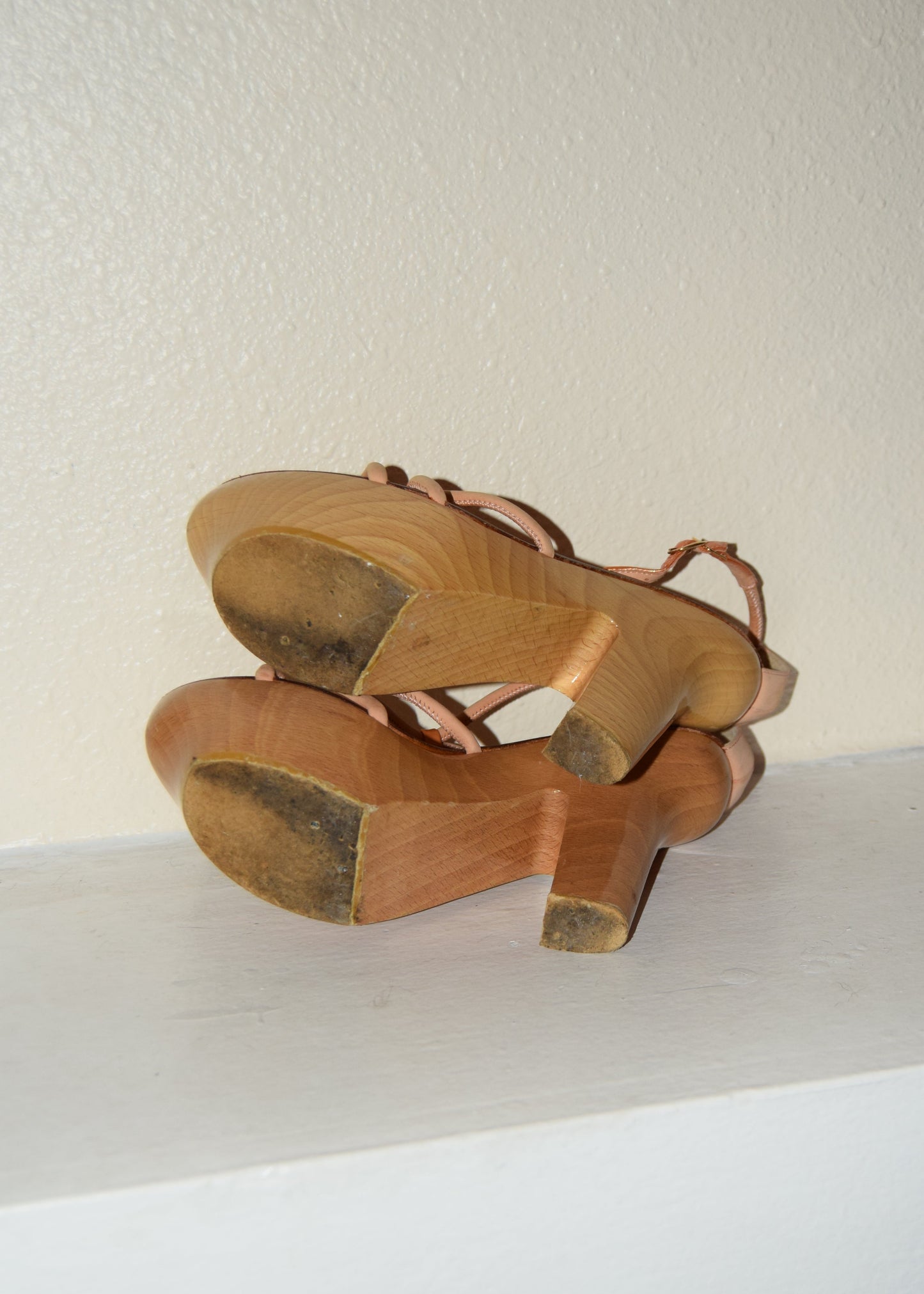 ANTEPRIMA ROSE GOLD LEATHER & WOOD BLOCK PLATFORMS