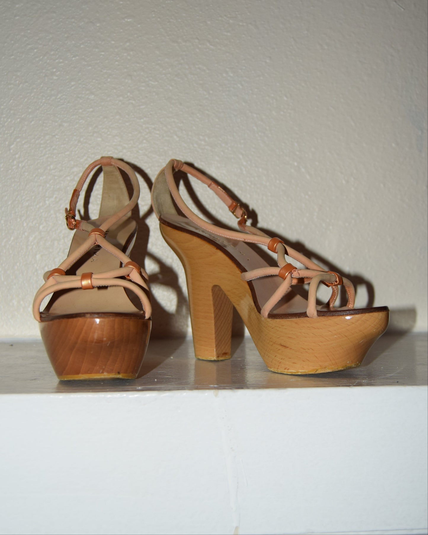 ANTEPRIMA ROSE GOLD LEATHER & WOOD BLOCK PLATFORMS