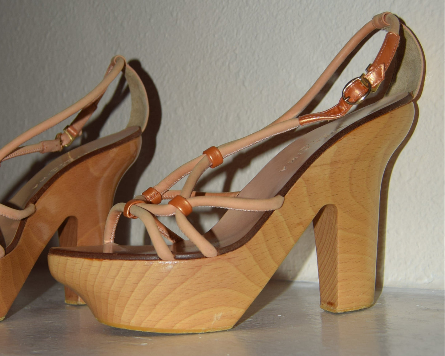 ANTEPRIMA ROSE GOLD LEATHER & WOOD BLOCK PLATFORMS