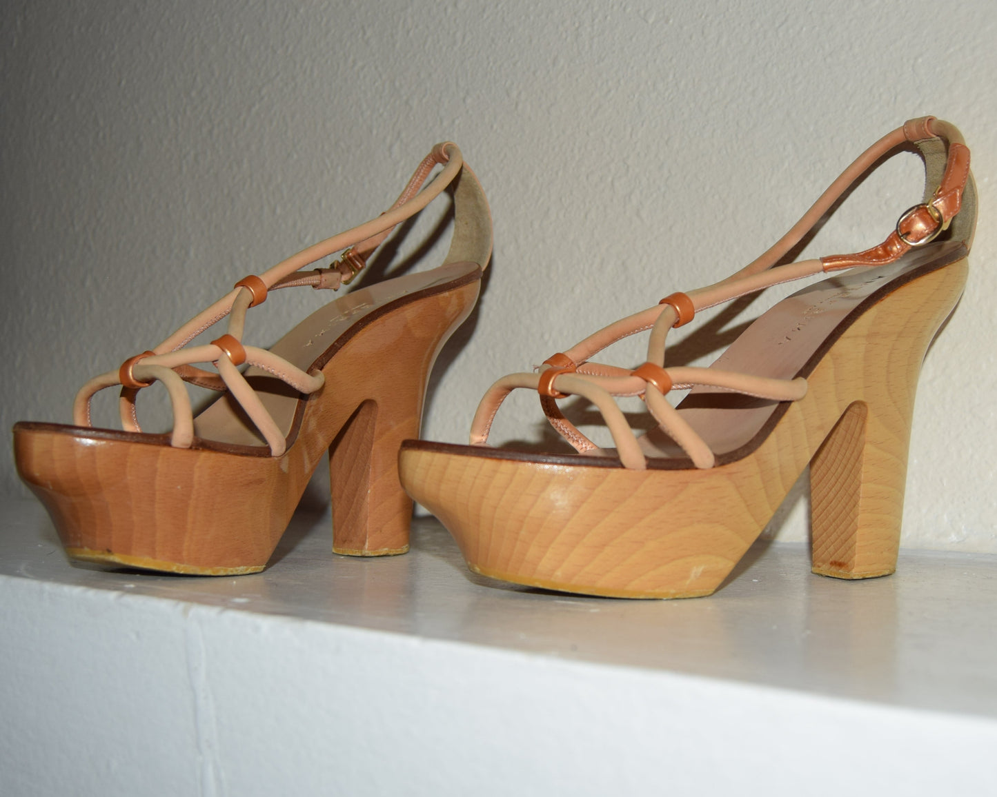 ANTEPRIMA ROSE GOLD LEATHER & WOOD BLOCK PLATFORMS